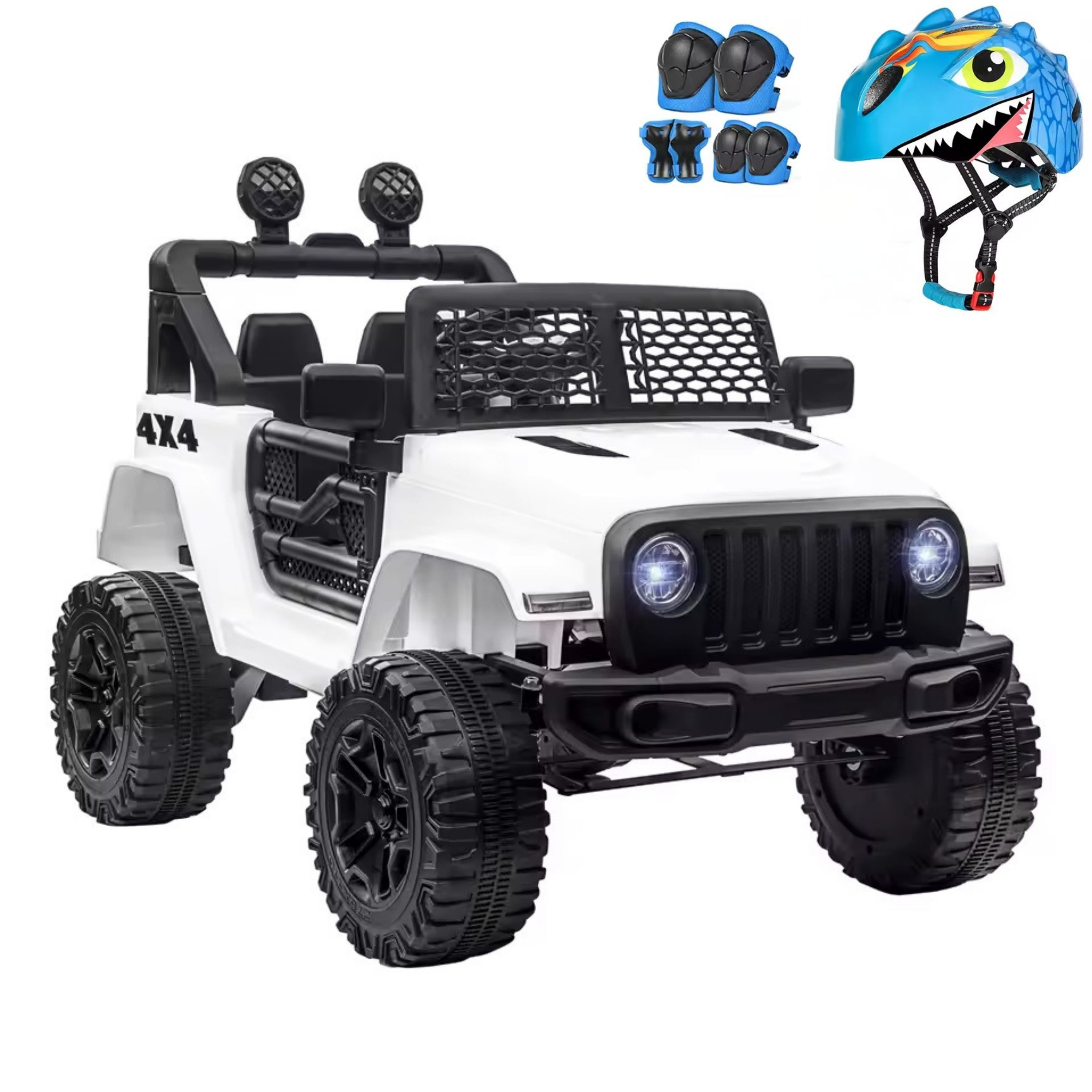 Voiture blanche 4X4 électrique pour enfant avec casque et protections