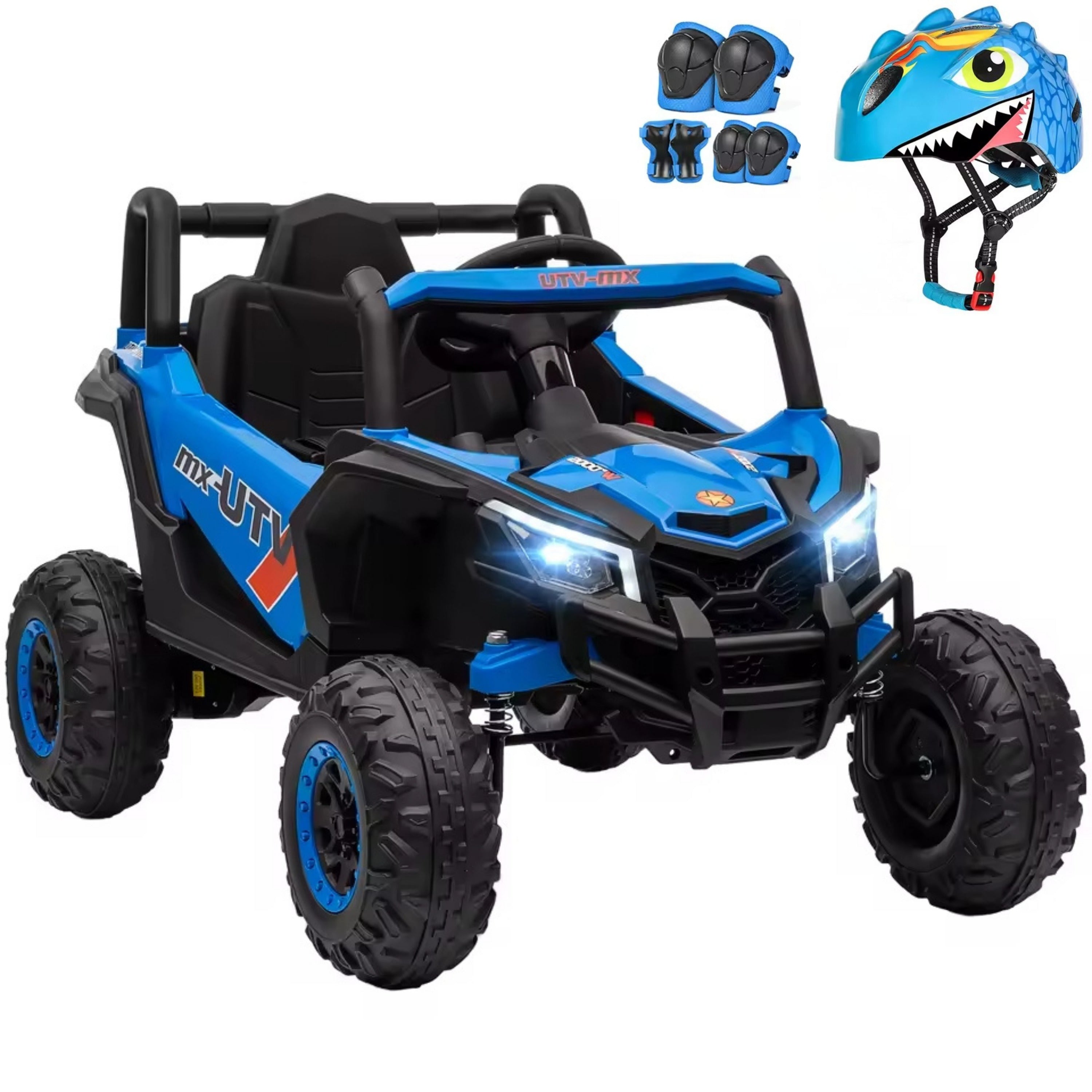buggy bleu électrique pour enfant avec casque et protections