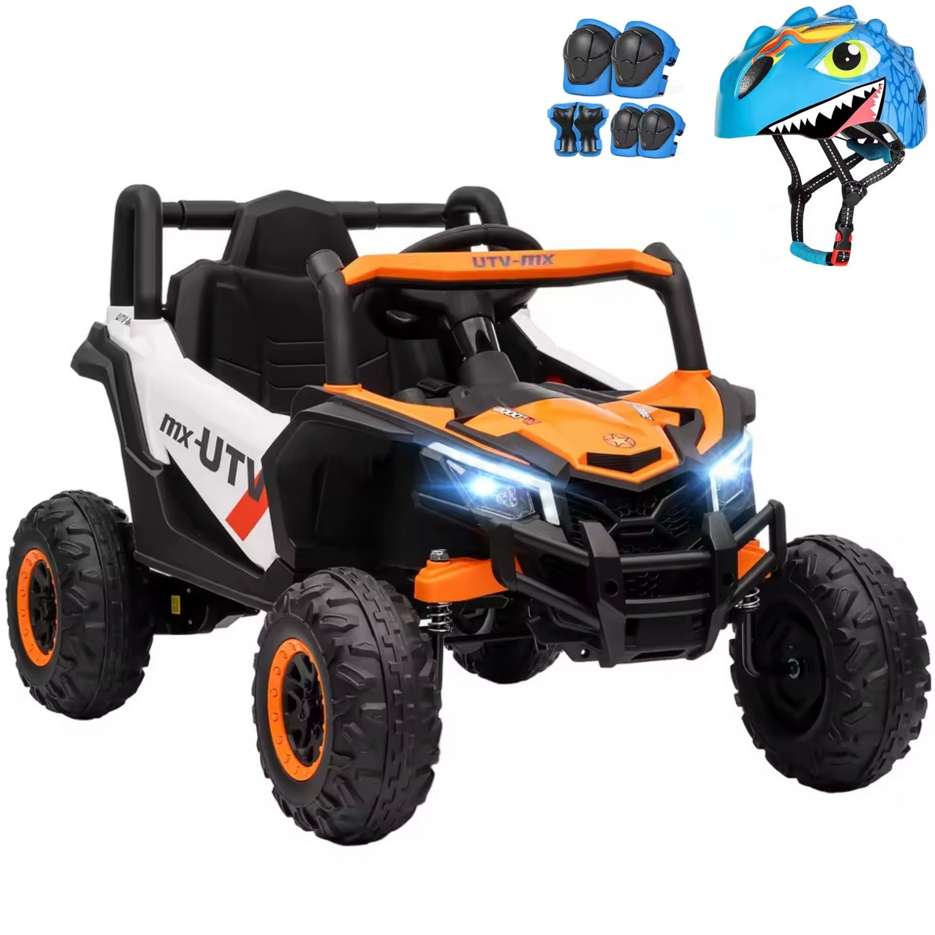 buggy orange électrique pour enfant avec casque et protections