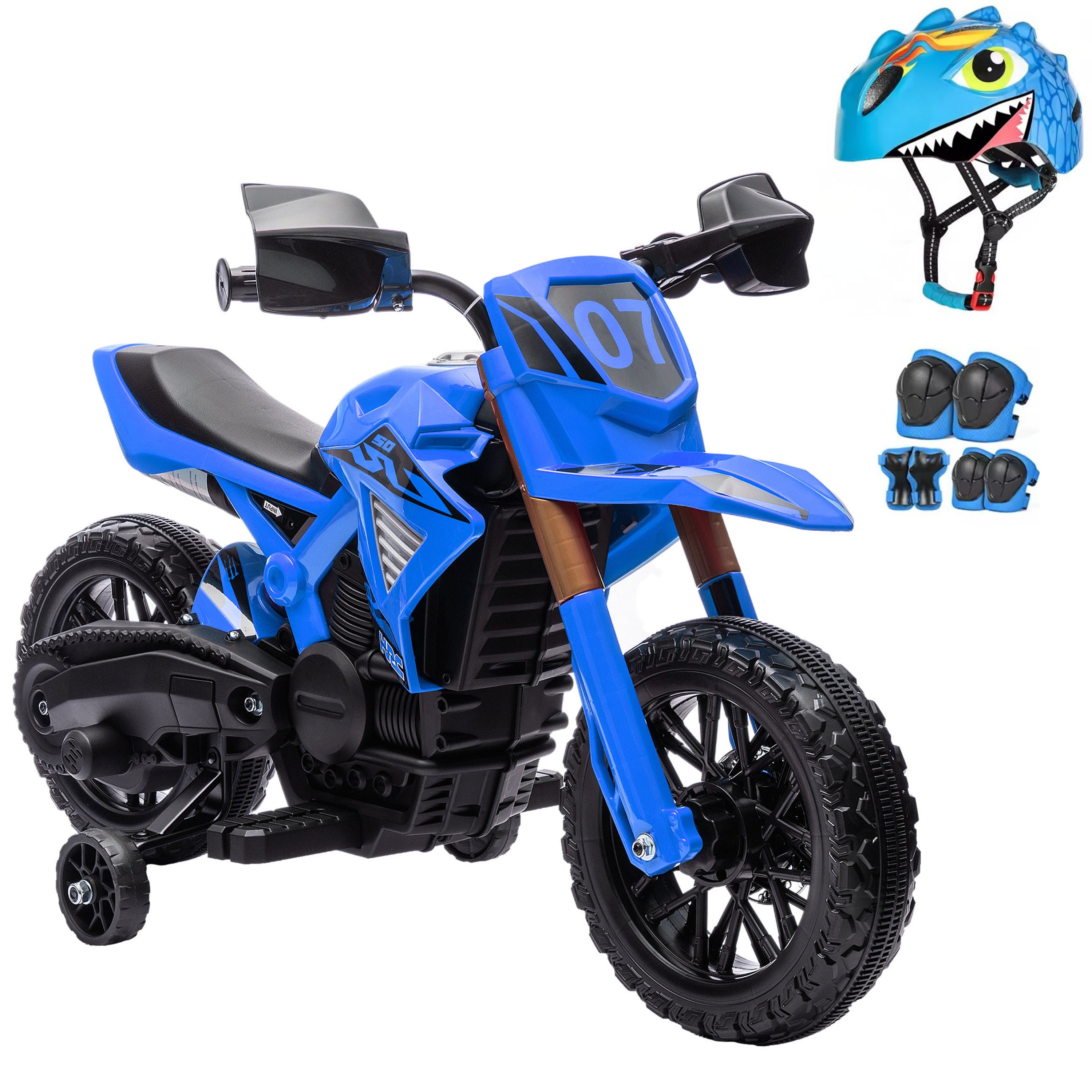 moto bleue électrique pour enfant avec casque et protections