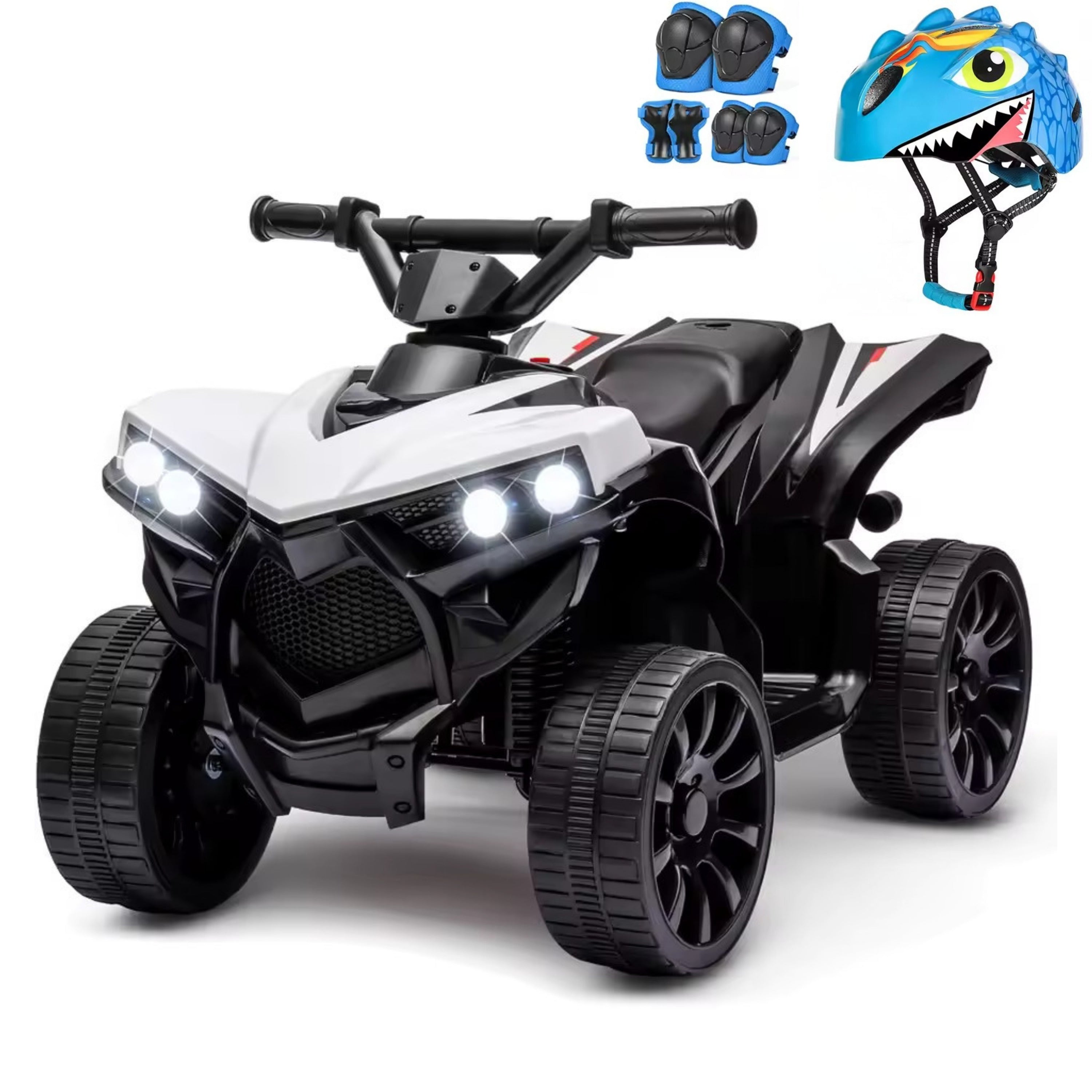 quad blanc électrique pour enfant avec casque et protections