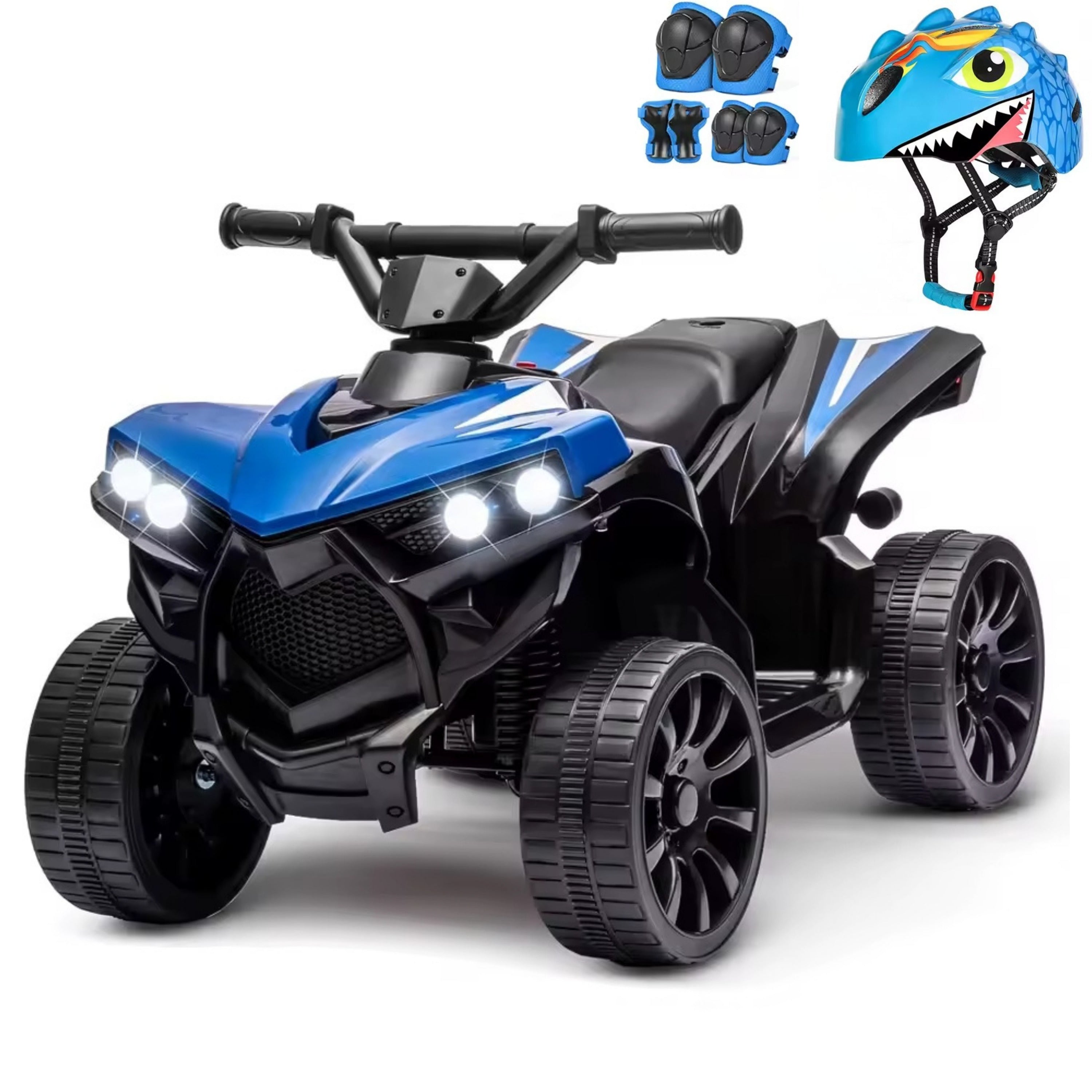 quad bleu électrique pour enfant avec casque et protections