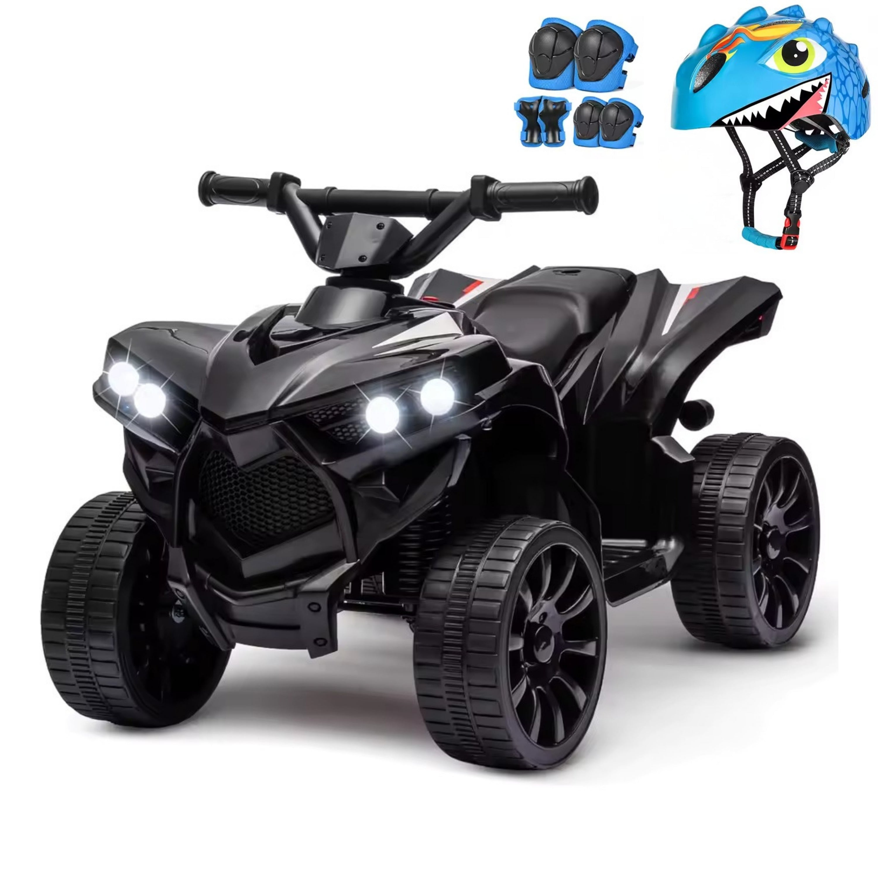 quad noir électrique pour enfant avec casque et protections