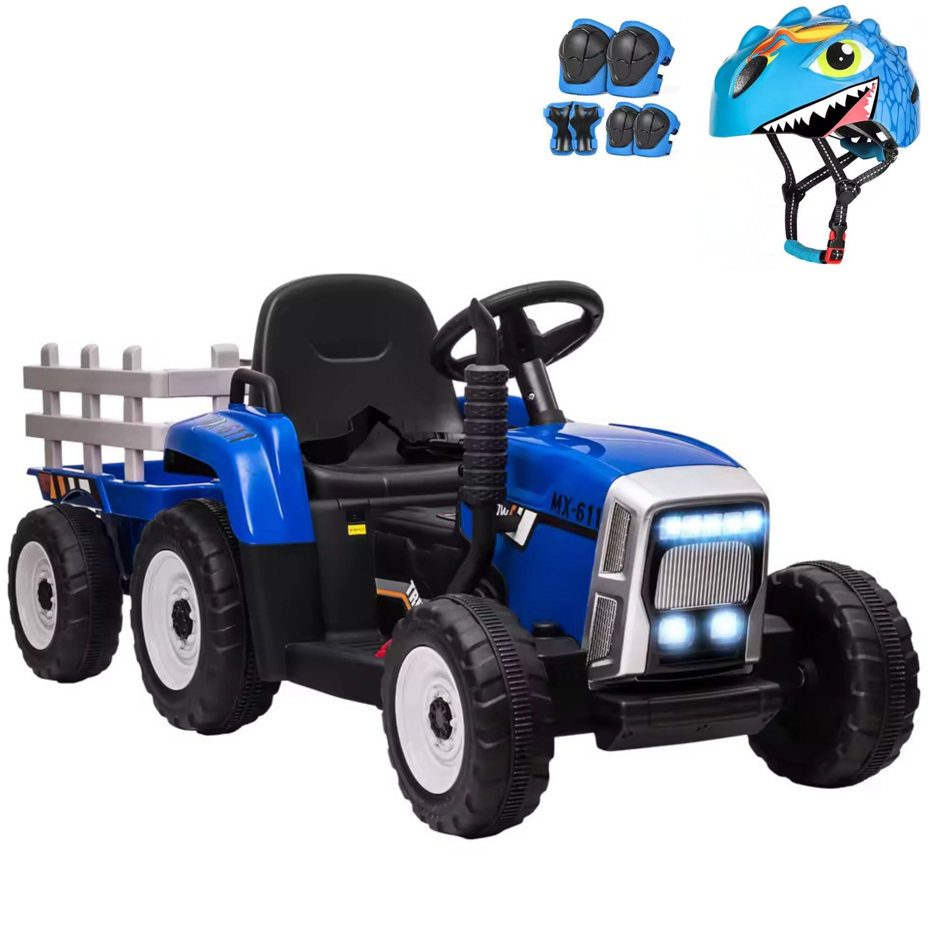 Tracteur bleu électrique pour enfant avec casque et protections